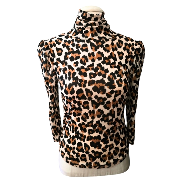 FREE PEOPLE Gather Mesh Turtleneck Leopard Print 3/4 Sleeves Small - Picture 2 of 7